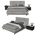 Modern Double Bed with Gray Comforter Blue Pillow and Bedside Tables with Lamp 3d model