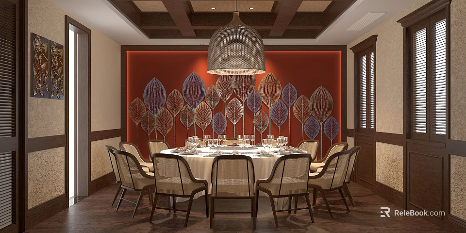 Elegant Private Dining Room Featuring Red Backdrop Wall Leaf Decorations Round Table and Pendant Lamp 3d model