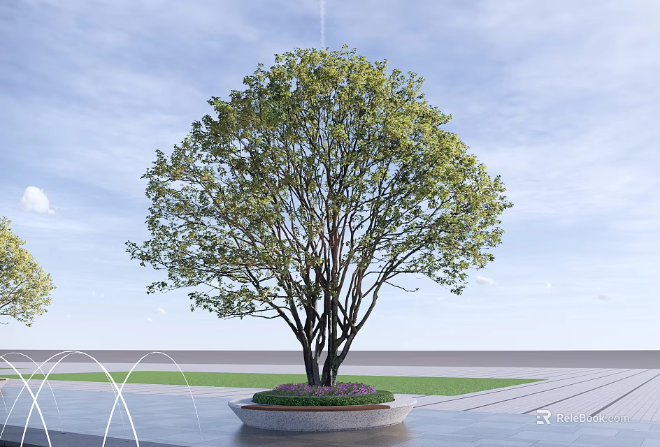 Circular Tree Pit with Lush Green Tree and Purple Flowers in Urban Plaza 3d model 