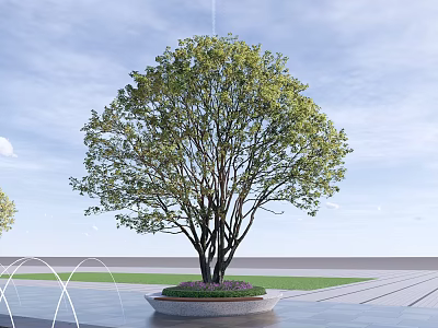 Circular Tree Pit with Lush Green Tree and Purple Flowers in Urban Plaza 3d model