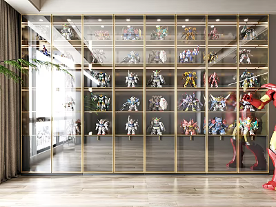 Modern Display Cabinet With Glass Doors Golden Frame And Action Figures 3d model