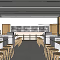 School Cafeteria With Long White Countertops Wooden Bar Stools And Large Windows