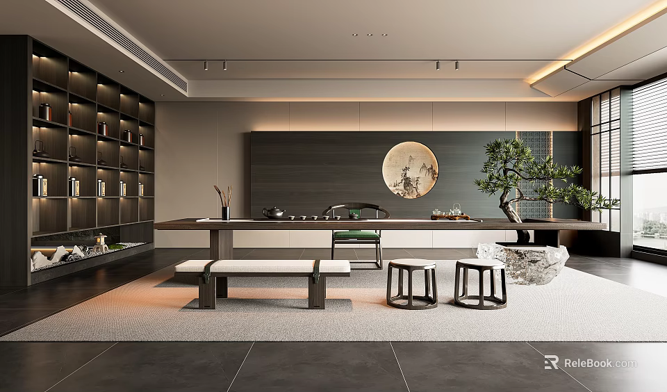 Elegant Tea Room with Dark Bookshelves Long Table Bench Stools Circular Painting and Bonsai Tree 3d model 