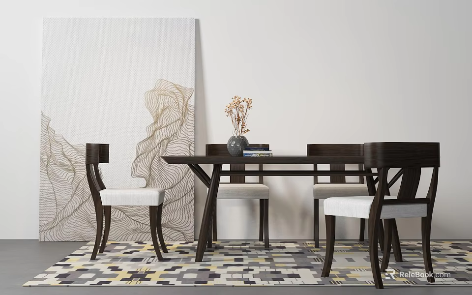 Modern Dining Table Set with Light Upholstered Chairs Abstract Artwork and Geometric Rug 3d model 