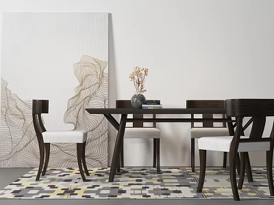 Modern Dining Table Set with Light Upholstered Chairs Abstract Artwork and Geometric Rug 3d model