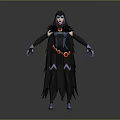 Hooded Female Character Costume With Black Cloak Blue Purple Outfit Red Accents And Blue Boots