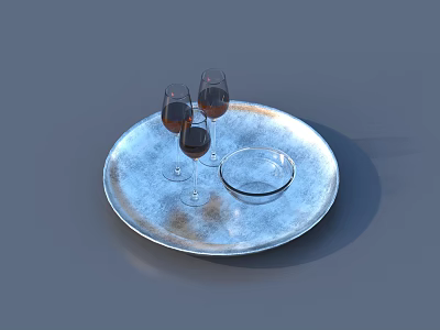 Elegant Tableware Set With Silver Tray Wine Glasses And Small Dish 3d model