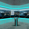 Professional News Studio With CNN Money Logo Presenters Large Screen And City Backdrop