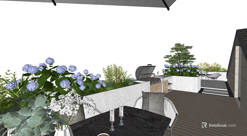 Rooftop Garden With Blue Hydrangeas White Flowers Green Plants Grill And Wooden Deck 3d model 