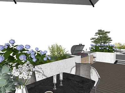 Rooftop Garden With Blue Hydrangeas White Flowers Green Plants Grill And Wooden Deck 3d model