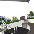 Rooftop Garden With Blue Hydrangeas White Flowers Green Plants Grill And Wooden Deck