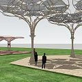 Modern Pergola Design With Petal Shaped Top And Multiple Structures On Grass Lawn 3d model