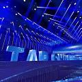 Modern Fashion Runway Stage With Blue Illuminated Geometric Lines And Futuristic Lighting Design
