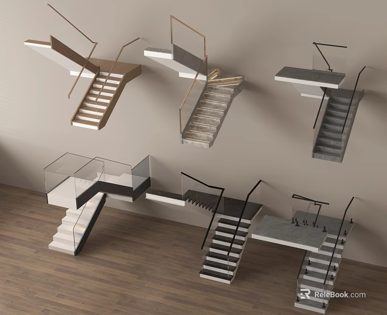 Multiple Modern Staircase Designs Featuring Diverse Materials And Metal Handrail Styles 3d model