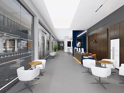 Modern Lounge Area Design With White Chairs Round Tables And Large Windows 3d model