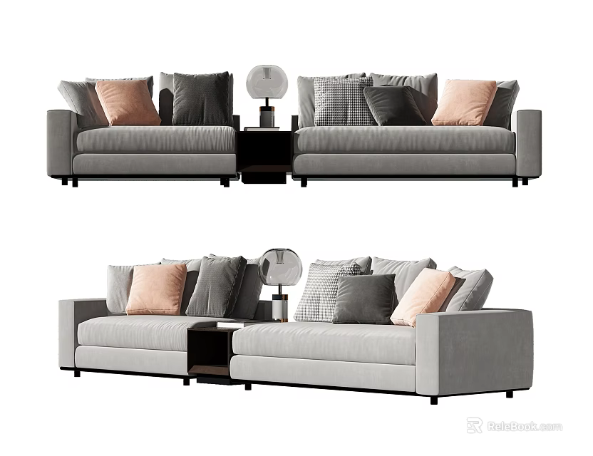 Modern Gray Sectional Sofa With Pink And Gray Throw Pillows And Side Table Lamp 3d model