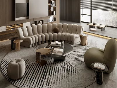 Modern Living Room Interior With Curved Sofa Round Coffee Table And Neutral Rug 3d model