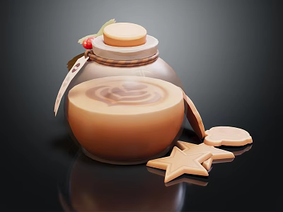 Creamy Brown Beverage in Glass Jar with Wooden Lid Decorative Tag and Star Shaped Cookies 3d model