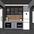 Modern Kitchen With Glass Front Cabinets Wooden Backsplash Built in Ovens And Refrigerator