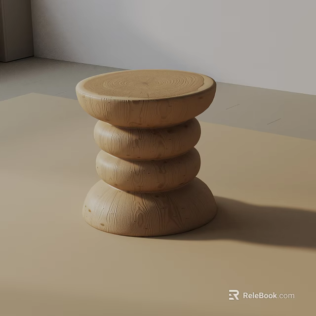 Round Wooden Side Table With Stacked Circular Design And Natural Wood Texture 3d model 