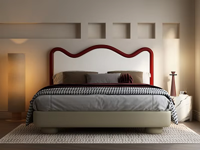 Double Bed With Red Curved Headboard Gray Bedspread Black White Checkered Blanket Square Wall Niches 3d model