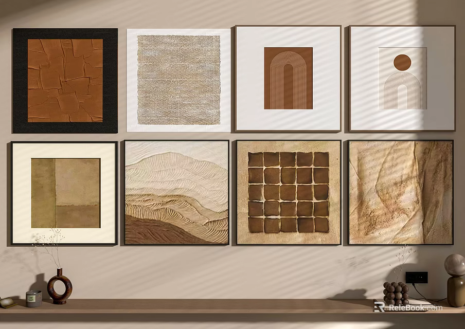 Framed Abstract Paintings With Different Colors On Wall And Decorative Shelf 3d model