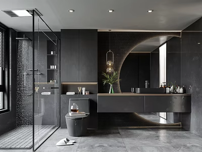Modern Dark Bathroom Interior Design With Shower Area Round Mirror And Vanity 3d model