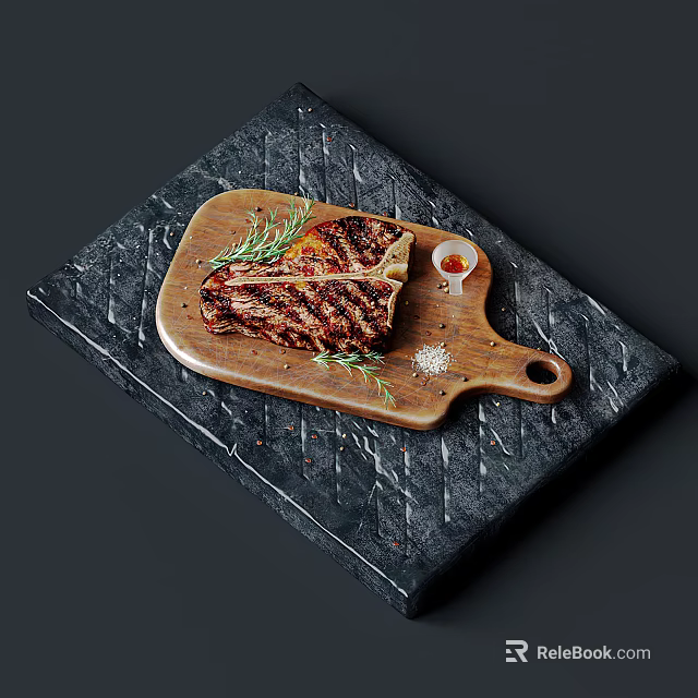 Grilled Steak On Wooden Board With Rosemary Seasonings 3d model 