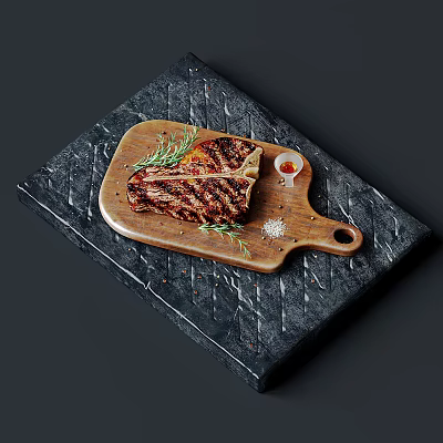Grilled Steak On Wooden Board With Rosemary Seasonings 3d model