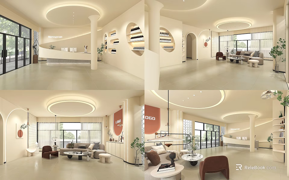 Modern Beauty Salon Interior Design With Circular Ceiling Reception Area Sofas Plants And Display Shelves 3d model 