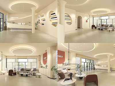 Modern Beauty Salon Interior Design With Circular Ceiling Reception Area Sofas Plants And Display Shelves 3d model
