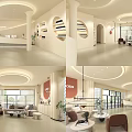 Modern Beauty Salon Interior Design With Circular Ceiling Reception Area Sofas Plants And Display Shelves