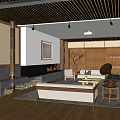 Cozy Hotel Public Lounge With Wooden Ceiling Fireplace And Comfortable Sofa Gramophone