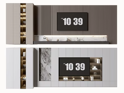 Modern TV Wall Design With Wooden Cabinets Marble Shelf And Ambient Lighting 3d model