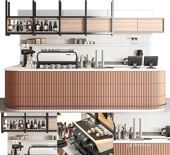 Wooden Striped Reception Counter With Coffee Machine Wine Bottles Upper Shelves And Appliances 3d model 