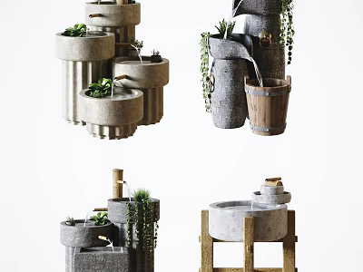 Concrete Garden Ornaments With Water Features Plants And Wooden Base Design 3d model