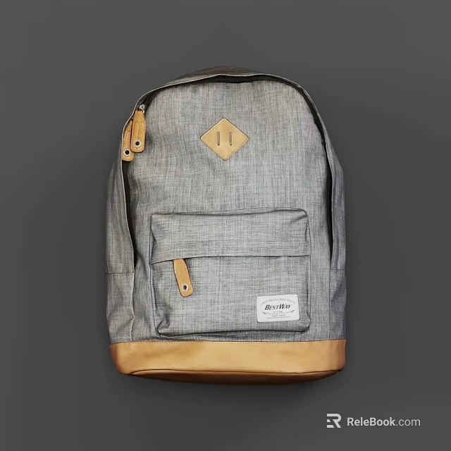 Gray Canvas Backpack With Leather Bottom Front Pocket Brand Label And Accents 3d model 