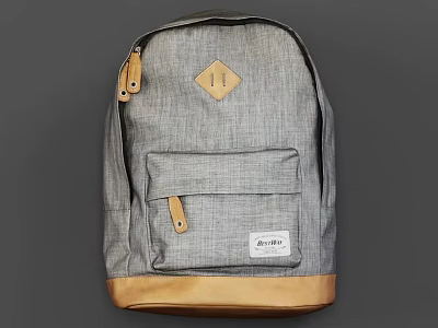 Gray Canvas Backpack With Leather Bottom Front Pocket Brand Label And Accents 3d model