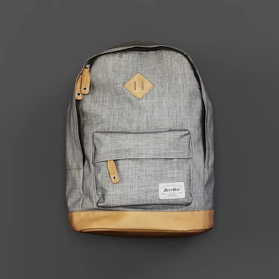 Gray Canvas Backpack With Leather Bottom Front Pocket Brand Label And Accents 3d model Gray Canvas Backpack With Leather Bottom Front Pocket Brand Label And Accents 3d model