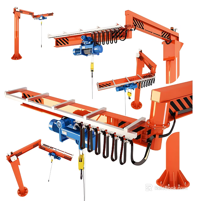 Heavy Duty Industrial Equipment Orange Jib Cranes Blue Hoists With Hooks Springs And Lifting Components 3d model 