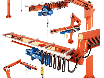 Heavy Duty Industrial Equipment Orange Jib Cranes Blue Hoists With Hooks Springs And Lifting Components 3d model