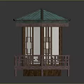 Traditional Chinese Style Pavilion With Green Tiled Roof And Wooden Railed Platform