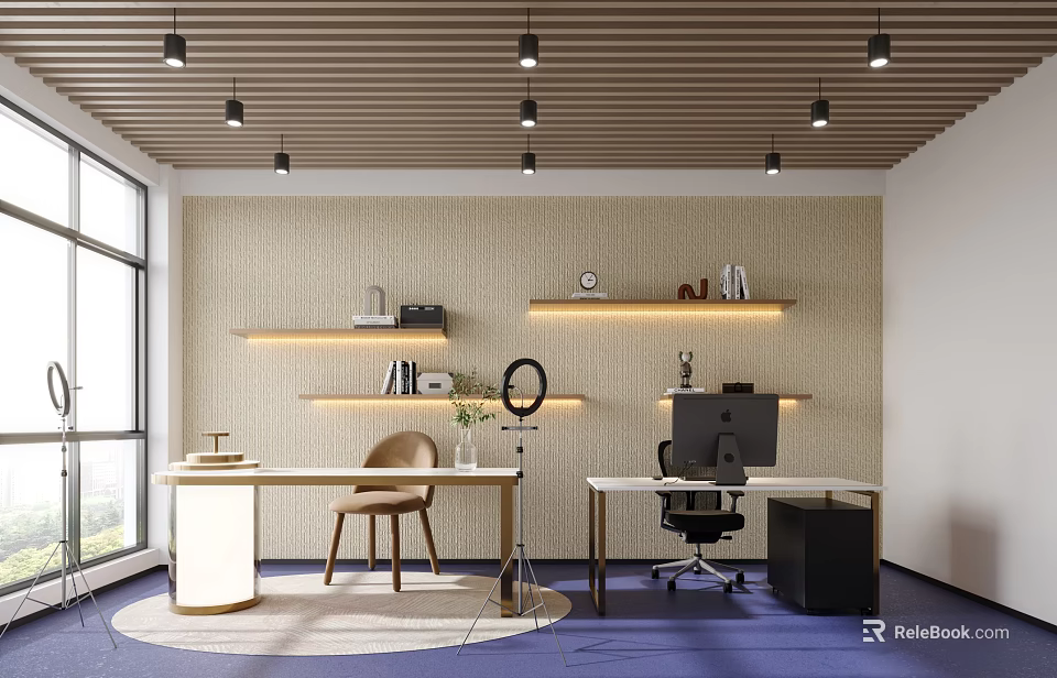 Modern Home Office Interior Featuring Wooden Ceiling Layered Shelves Books Round Desk And Blue Carpet 3d model 