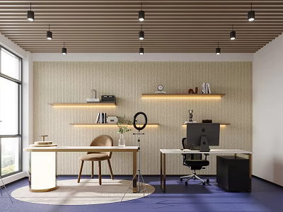 Modern Home Office Interior Featuring Wooden Ceiling Layered Shelves Books Round Desk And Blue Carpet 3d model