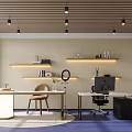 Modern Home Office Interior Featuring Wooden Ceiling Layered Shelves Books Round Desk And Blue Carpet