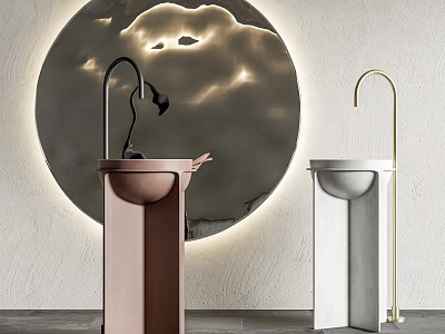 Copper And White Modern Washbasin With Illuminated Circular Mirror Background 3d model