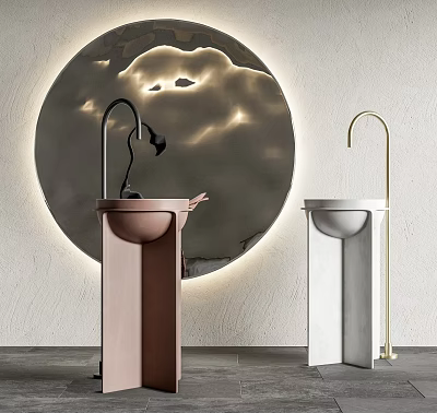 Copper And White Modern Washbasin With Illuminated Circular Mirror Background 3d model