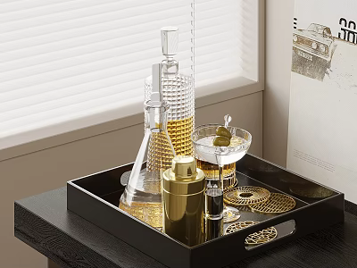 Elegant Wine Bottles And Glasses On Black Tray 3d model