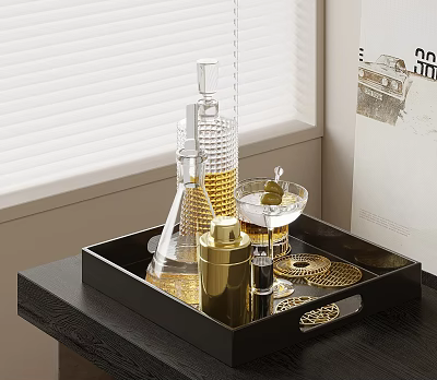 Elegant Wine Bottles And Glasses On Black Tray 3d model