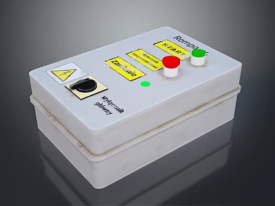 White Electrical Control Panel With Red Green Buttons Yellow Warning Labels Black Knob And Indicator 3d model